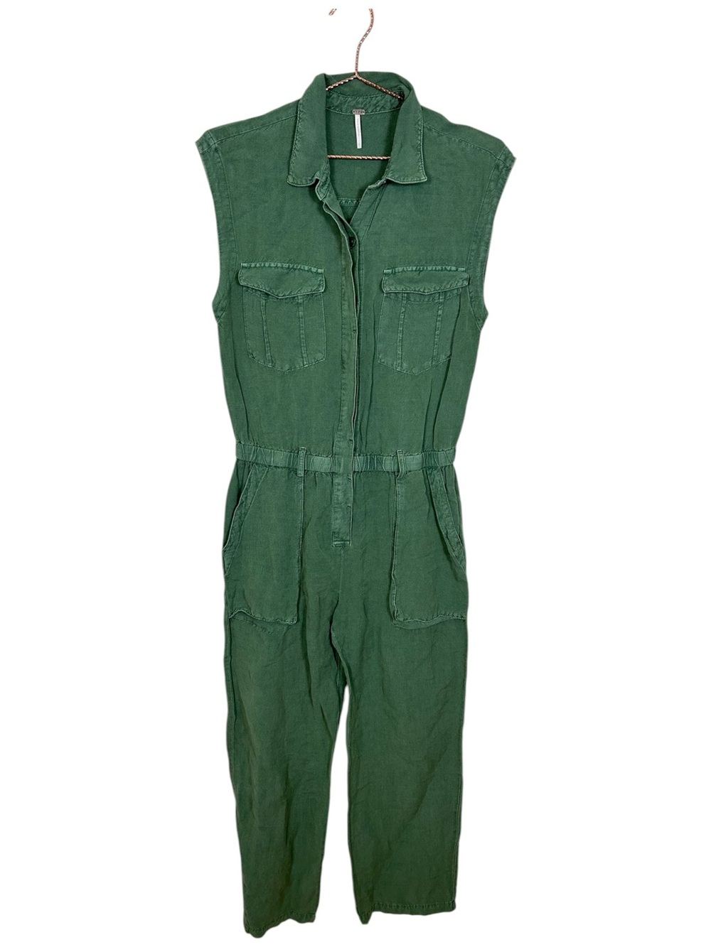 Young Fabulous and Broke Sleeveless Linen Utility Jumpsuit in Forest Green